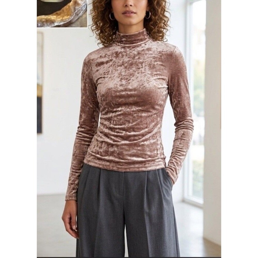 COOLWEAR Vintage Velvet Mock Neck Top Pink Mauve Crushed Velour Shirt Medium